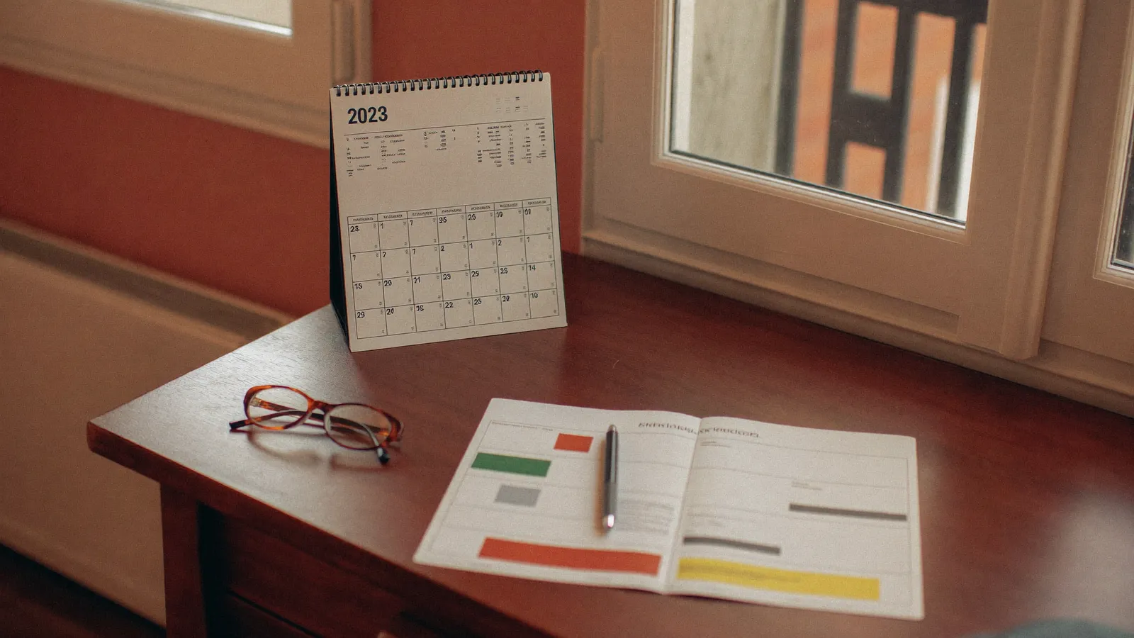 Calendrier 2026 et rapport de diagnostic énergétique posés sur un bureau à Valence